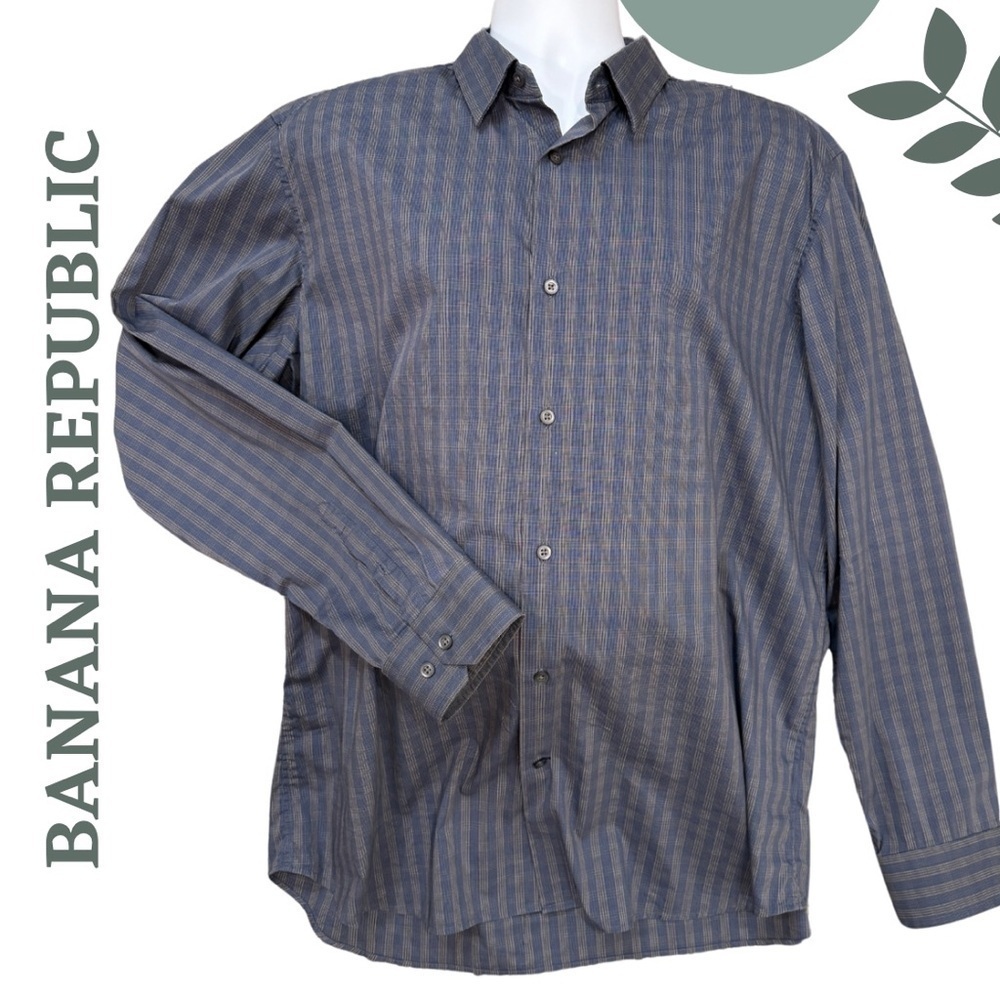 Banana Republic Men’s Slim Fit Dress Shirt | Blue Beige Check | XL 17 - 17.5